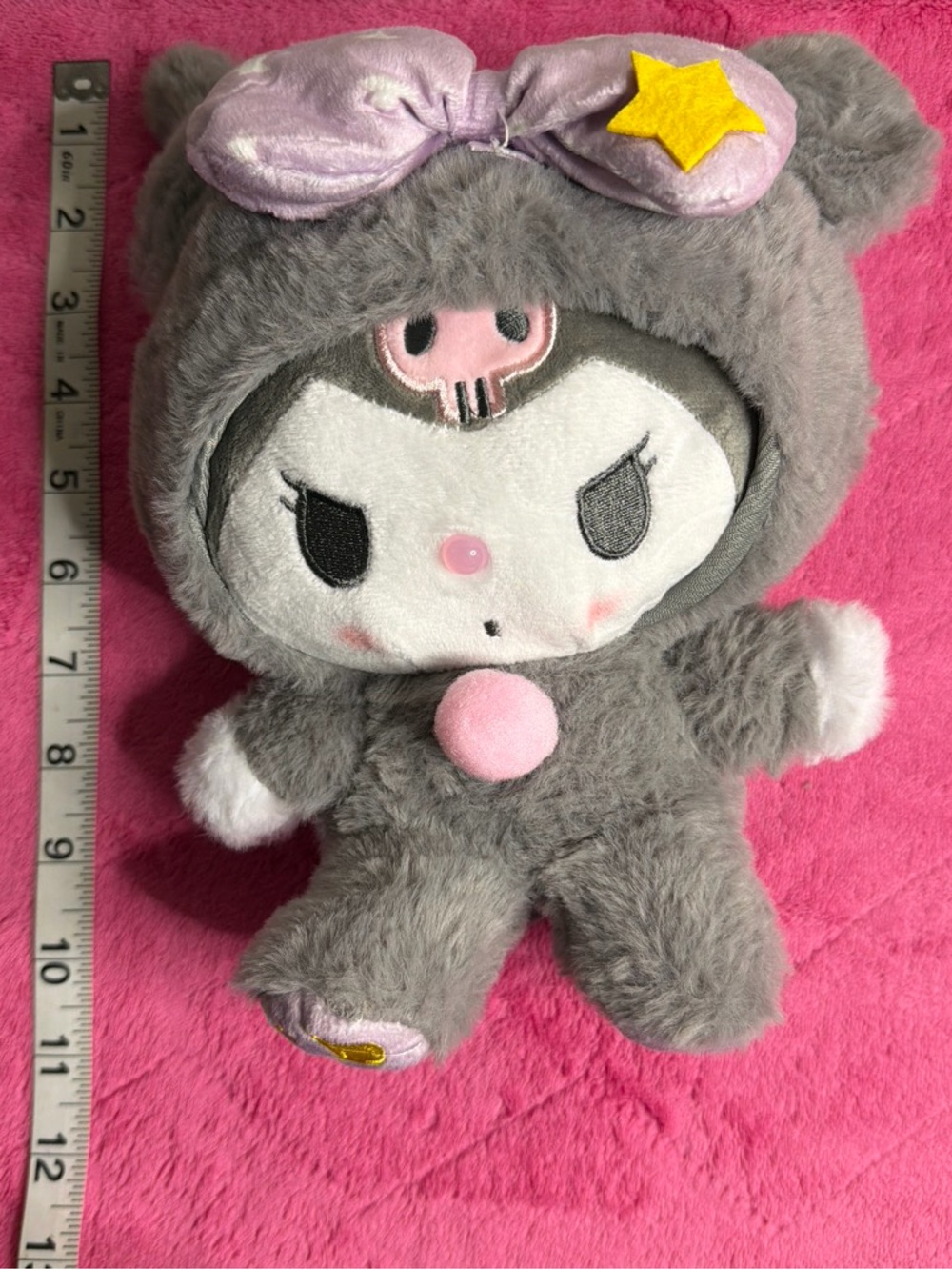 Gray Plush Character Doll with Pink Accents and Star Bow
